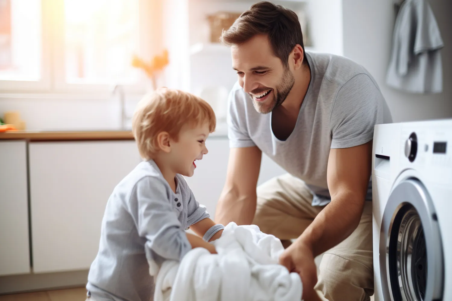Père avec son enfant qui s'occupent de leur linge